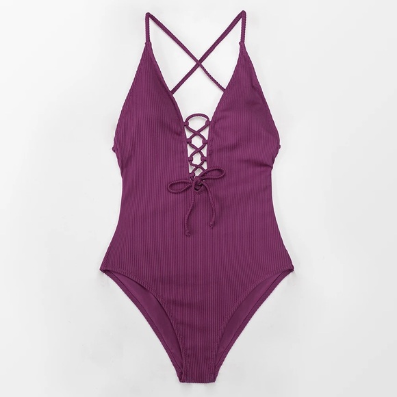 CUPSHE Remind Me Solid One-piece Swimsuit Women Backless Deep V neck Lace Up - Picture 4 of 6